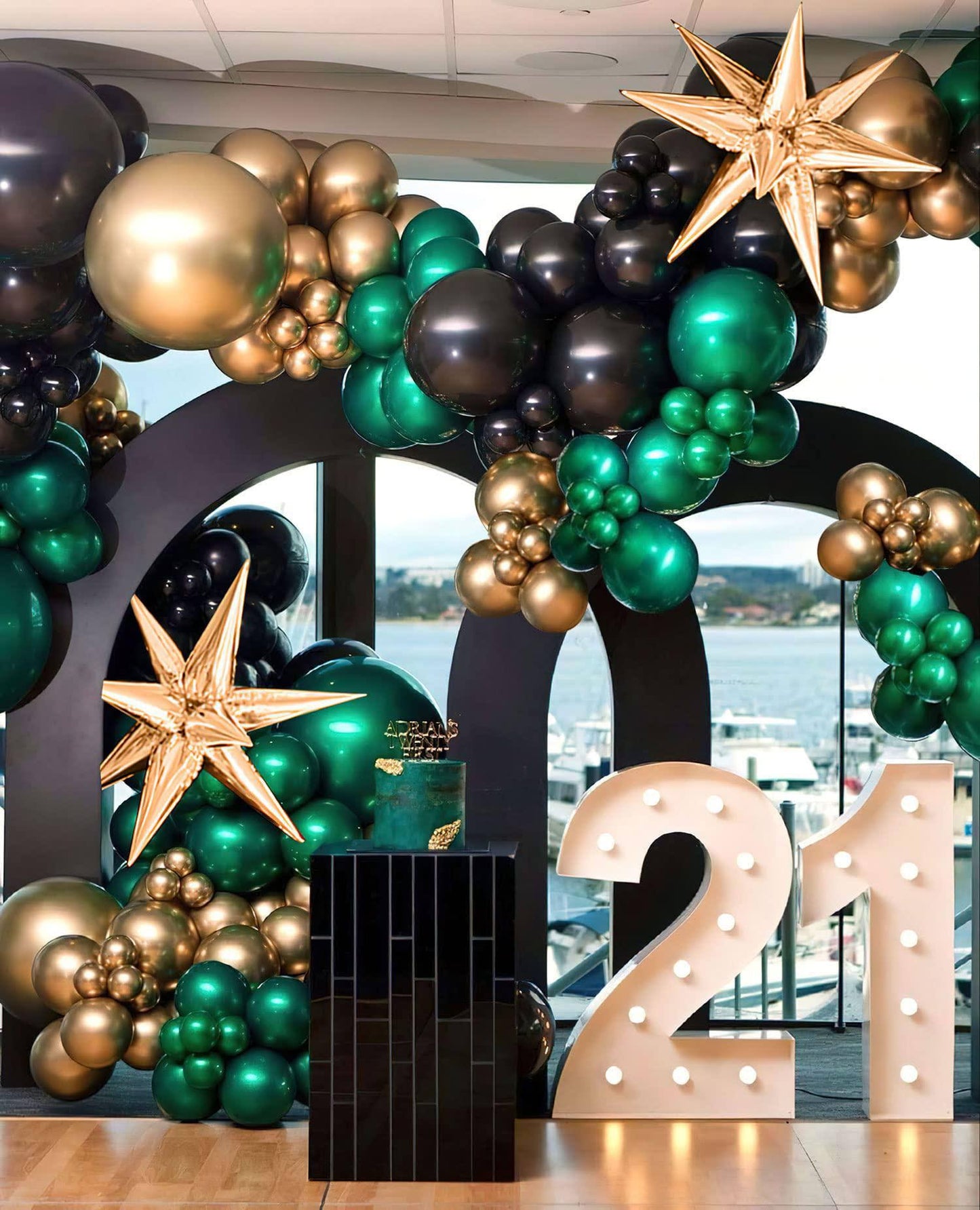 Kozee teal emerald green balloon garland arch kit double stuffed dark green with black gold star balloons for 2023graduation birthd