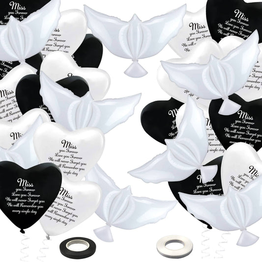 50 PCS Memorial Balloons Set with 40 PCS White and Black Memorial Balloons 8 PCS Peace Dove Balloons Pigeon Bird Balloons Funeral Remembrance