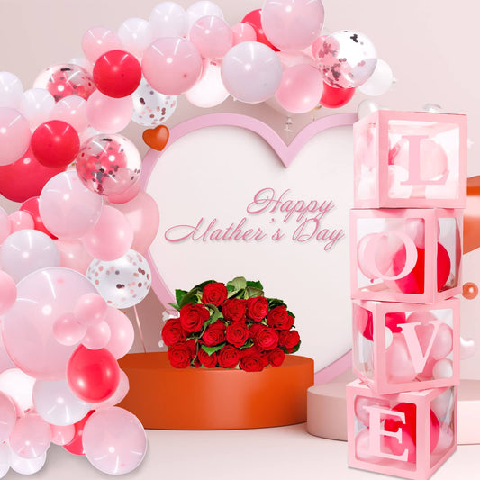 137PCS Mother's Day Balloons Boxes Decorations, Pink and Red Balloon Arch Garland Kit 4pcs